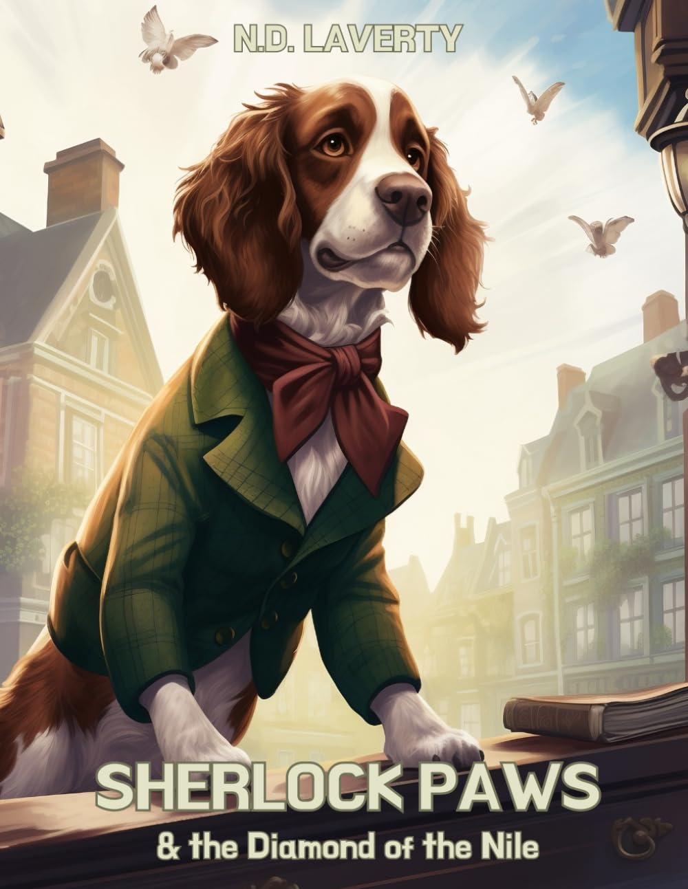 Sherlock Paws book cover — a springer spaniel wearing a green detective coat in a charming village setting